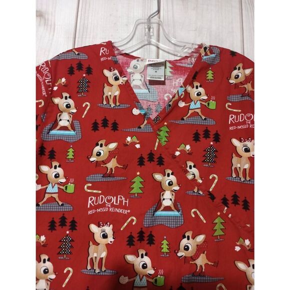 Rudolph Scrub Top Ladies Medium Red‎ V-Neck - Picture 3 of 7